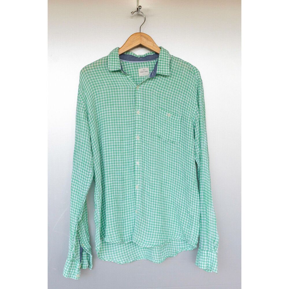 Color Siete Men's Green White 100% Linen Long Sleeve Button Down Shirt Sz L
